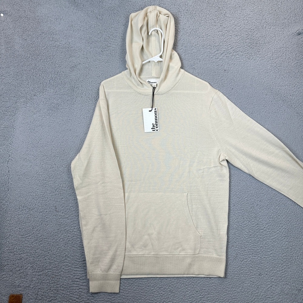 NEW The Commons Hoodie Mens Large Tan Cream Merino Wool Knit Sweater Pullover